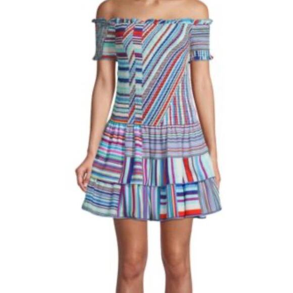 Parker Women's Multicolored Zizola Off-Shoulder Patchwork Mini Dress Size Medium - Picture 1 of 9